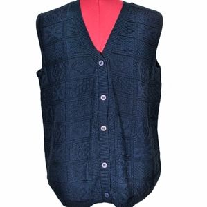 Bedford Fair Vtg Blue Knit Sweater Vest Cardigan Medium 80s 90s